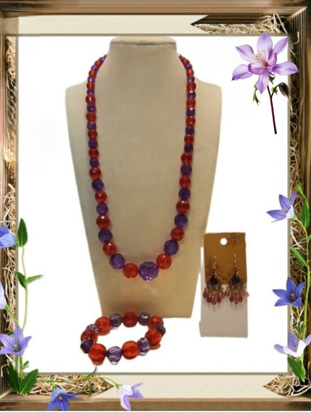 Red Purple Beaded Necklace Matching Bracelet Dangle Earrings Silver Tone